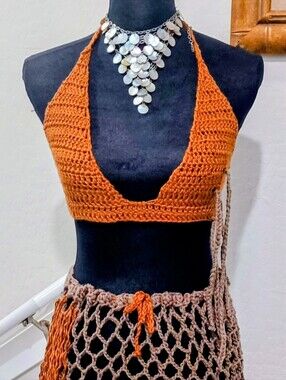 Handmade Crochet Halter Crop Top in Rust Orange